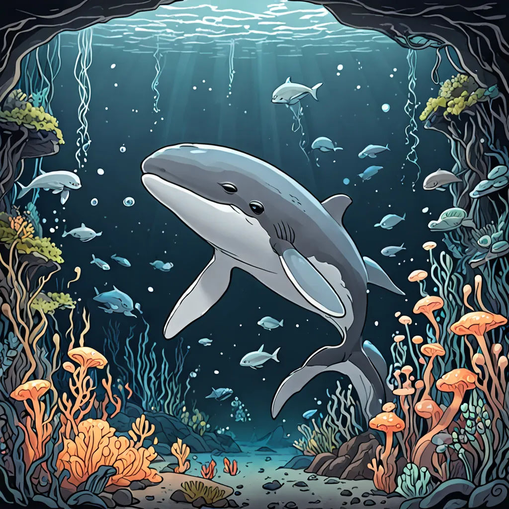 a cartoon shark swimming in the ocean with a light shining on it's face and a fish swimming in the water, a storybook illustration, 2 d game art, fantasy art, Chris LaBrooy