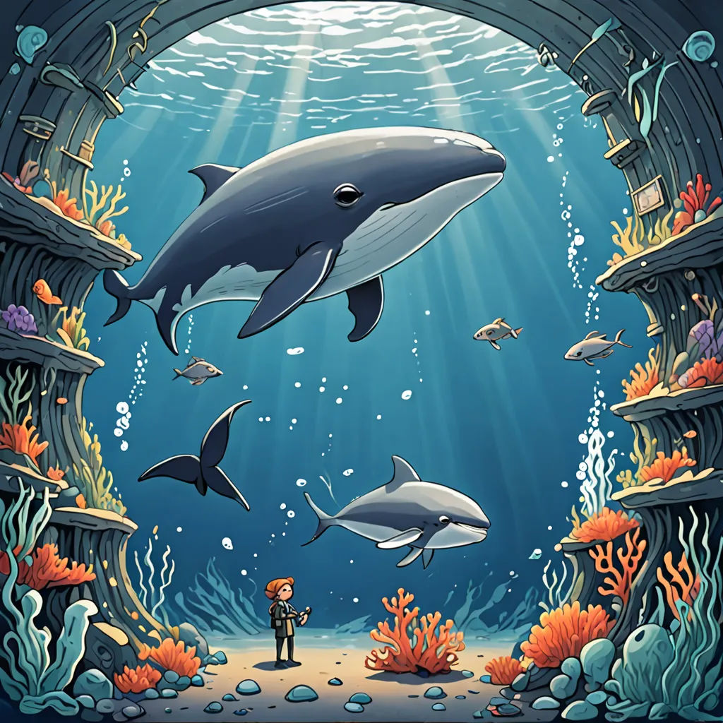 a man standing under a tunnel with dolphins and other animals under it, under the water is a tunnel with corals and fish, a storybook illustration, 2 d game art, fantasy art, Dan Mumford