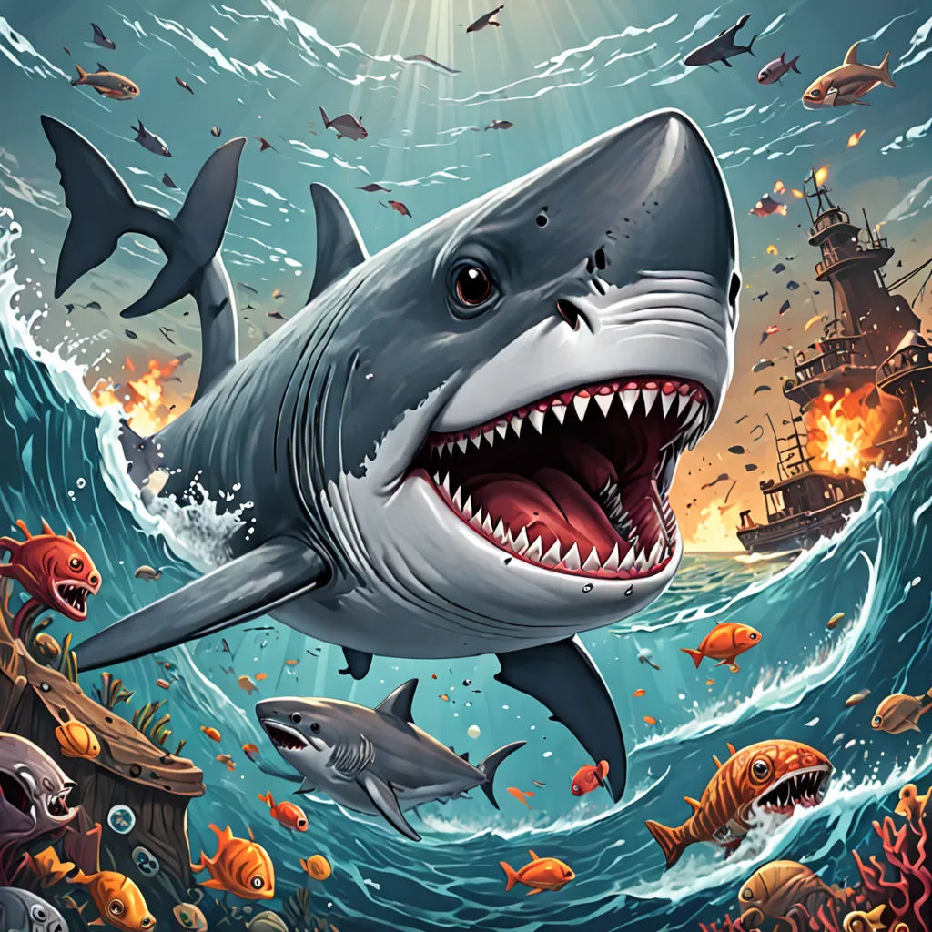 a shark with a huge mouth is in the ocean with other fish and sharks around it, and a ship is in the background, poster art, league of legends splash art, pop surrealism, Chris LaBrooy