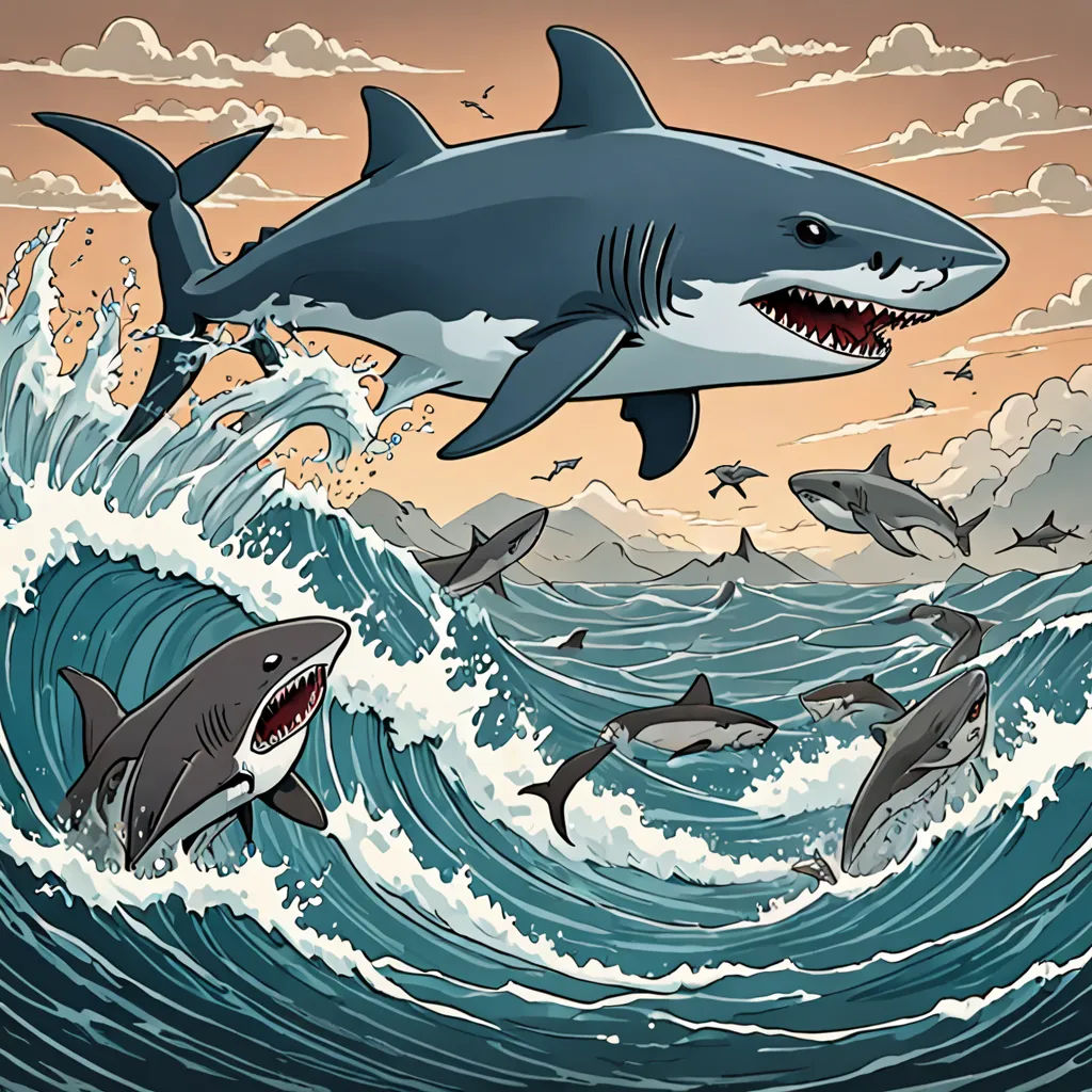 a group of sharks swimming in the ocean with a shark in the background and a shark in the foreground, a comic book panel, detailed illustration, pop surrealism, Dan Mumford