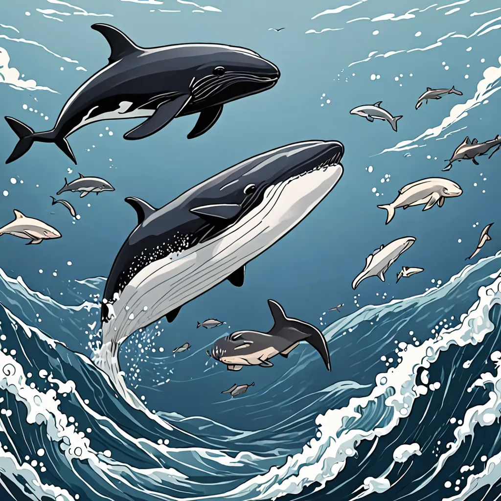 a group of dolphins swimming in the ocean together with a shark in the background and a shark in the foreground, a storybook illustration, detailed illustration, rayonism, Asaf Hanuka