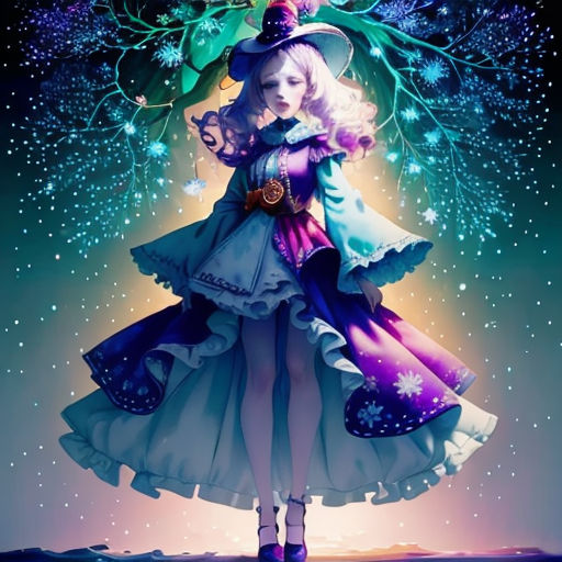 a woman in a dress and hat standing in front of a sky filled with stars and fireworks, with a hat on her head