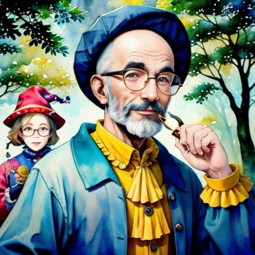 a painting of a man with a pipe in his mouth and a woman in the background with a hat