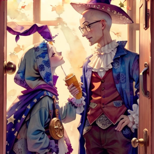a man and woman dressed in costumes standing in front of a door with a drink in their hand and looking at each other
