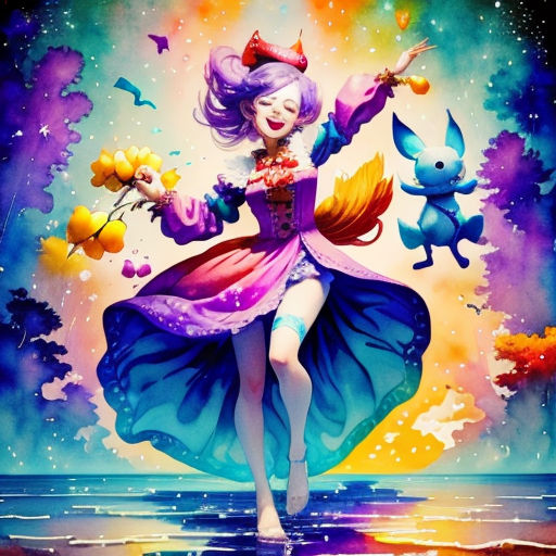 a painting of a woman in a dress with flowers and a cat on her head, and a cat on her leg