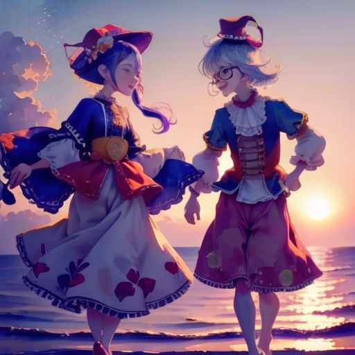 two anime girls standing on a beach at sunset with a sky background and a sun setting behind them, with the sun shining