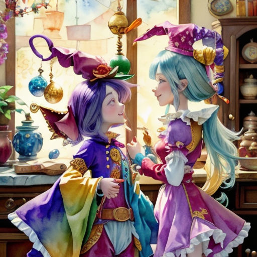 two girls dressed in colorful outfits standing next to each other in a room with a window and a clock