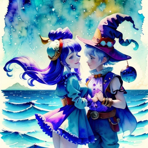 a couple of people that are standing in the water with hats on their heads and one is holding a purple umbrella