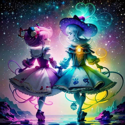 two girls in dresses and hats are standing in the water with stars in the background and a sky full of stars