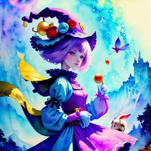a painting of a woman in a purple dress and a cat in a blue dress and a purple hat