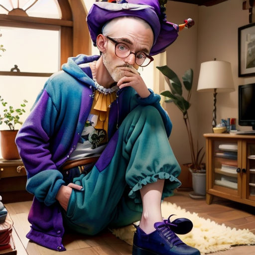 a man in a purple hat and green outfit sitting on the floor with his chin on his chin and a purple hat on his head