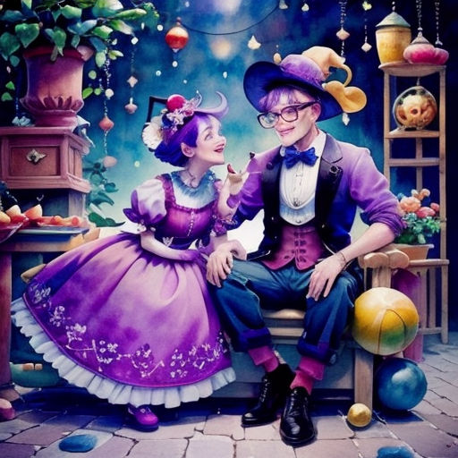 a painting of a man and woman dressed in costume sitting on a bench together in front of a window