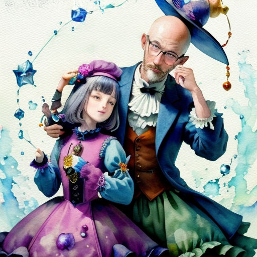 a painting of a man and a little girl dressed in costume and hats, with a blue background and stars