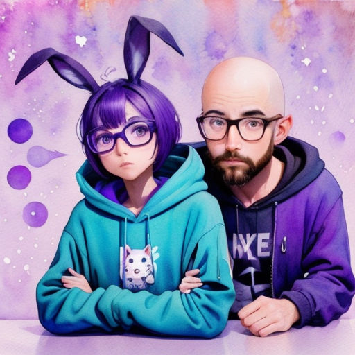 a man and a woman with purple hair and glasses are posing for a picture with a purple background and a purple background