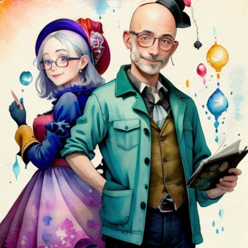 a man and woman are standing next to each other with a book in their hands and balloons in the background