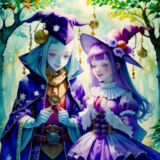 two children dressed in costumes standing next to each other in a forest with a swinger hanging from the tree