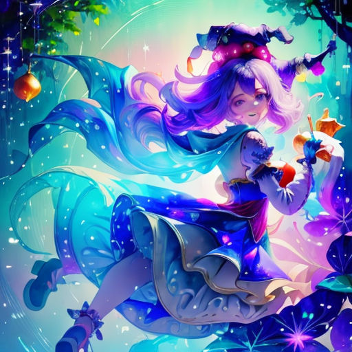 a girl with long hair and a hat on her head is flying through the air with a star in her hand