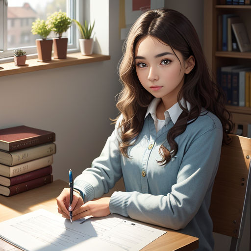 a girl sitting at a desk with a pen and paper in front of her and a stack of books behind her