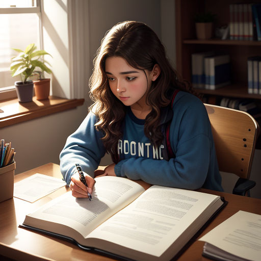 a girl sitting at a desk writing on a book with a pen in her hand and a potted plant in the background