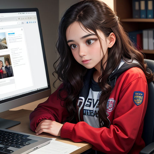 a girl sitting at a desk with a computer and a laptop computer in front of her, with a bookcase behind her