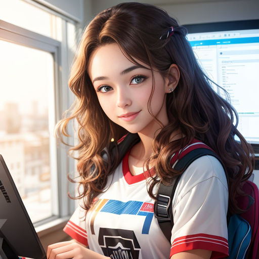a girl with a backpack is looking at a laptop computer screen and smiling at the camera, with a city view in the background