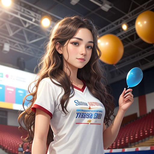 a woman holding a blue paddle in a gym with balloons in the background and a basketball court in the foreground