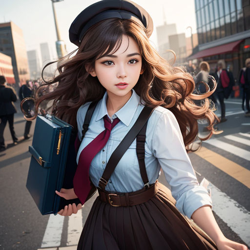 a woman in a dress and hat holding a briefcase and a briefcase case on a city street with people walking by