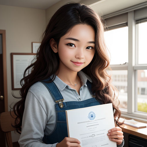 a woman holding a paper in her hands in front of a window with a building in the background and a window sill behind her