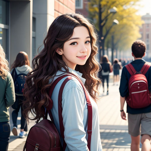 a girl with a backpack on a city street with people walking by her and a man walking by her