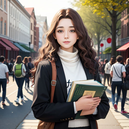 a woman standing on a street holding a book in her hands and looking at the camera with a serious look on her face
