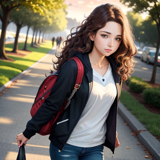 a woman walking down a sidewalk with a backpack on her back and a handbag on her shoulder,