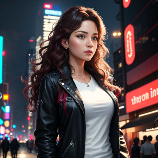a woman in a black leather jacket standing in a city at night with a neon sign in the background
