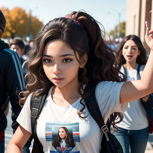 a girl with a picture of her character on her shirt is waving to the crowd of people on the street