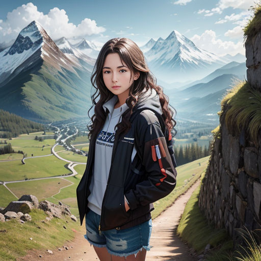 a woman standing on a dirt road in front of a mountain range with a valley and a road leading to it