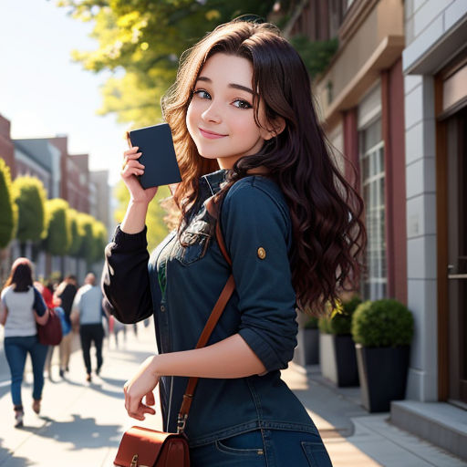 a woman holding a cell phone in her hand and walking down a street with people walking by on the sidewalk