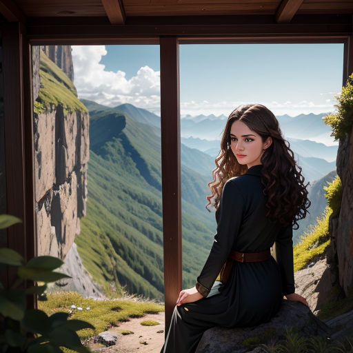 a woman sitting on a rock looking out a window at a mountain valley and a valley below her is seen from a window