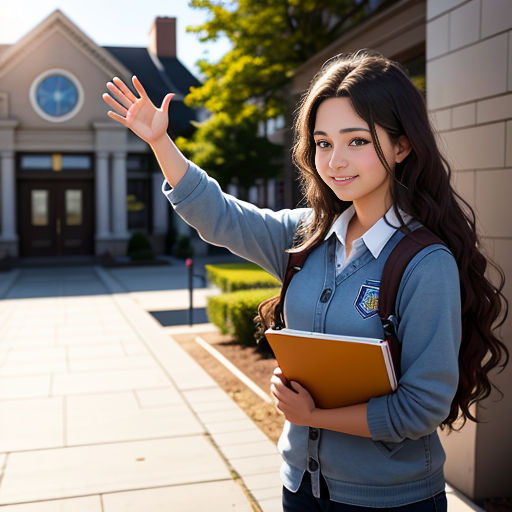 a girl is waving and holding a folder in her hand while standing outside a house with a driveway and trees