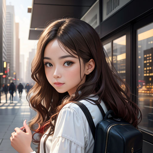 a woman with a backpack on a city street looking at the camera with a serious look on her face