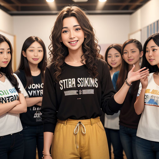 a woman standing in front of a group of women wearing shirts that say star sukin's and are smiling