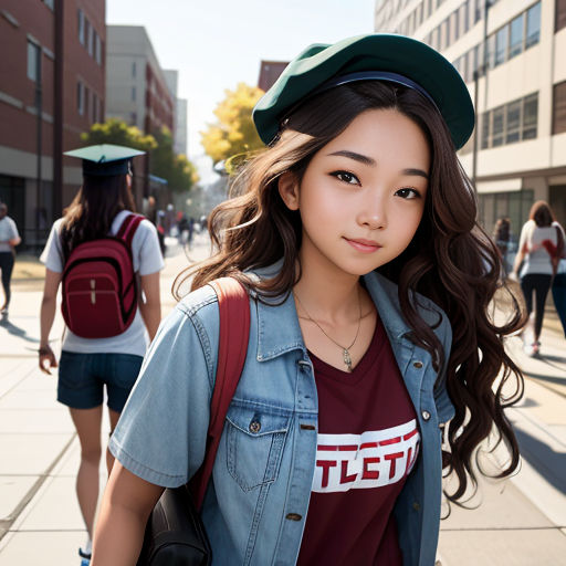 a girl with a hat and a backpack on a sidewalk in a city with people walking by and buildings