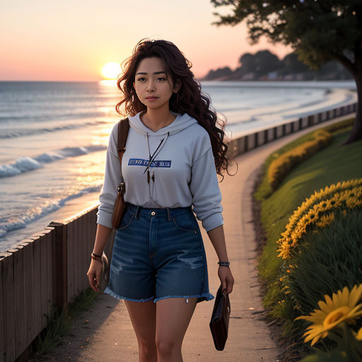 a woman walking down a sidewalk next to the ocean at sunset with a sun setting in the background and a body of water
