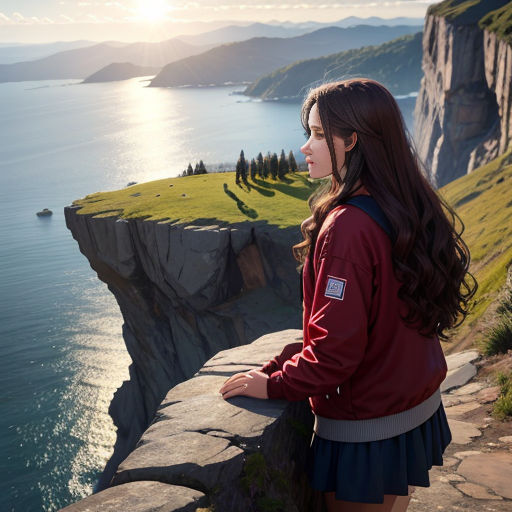 a girl standing on a cliff overlooking a body of water and a cliff face with a cliff face and a body of water in the distance