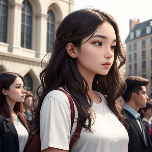 a woman standing in front of a crowd of people in a city with buildings in the background and a woman with a red purse