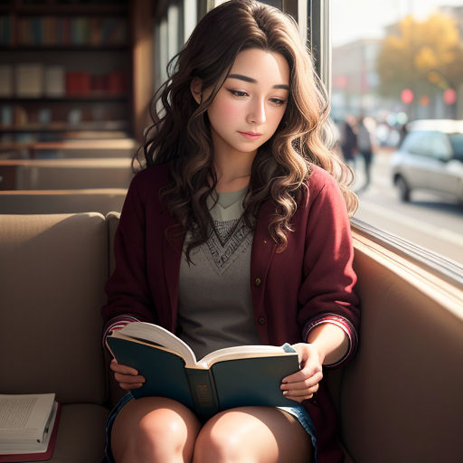 a woman sitting on a bench reading a book in a library with a window behind her and cars outside