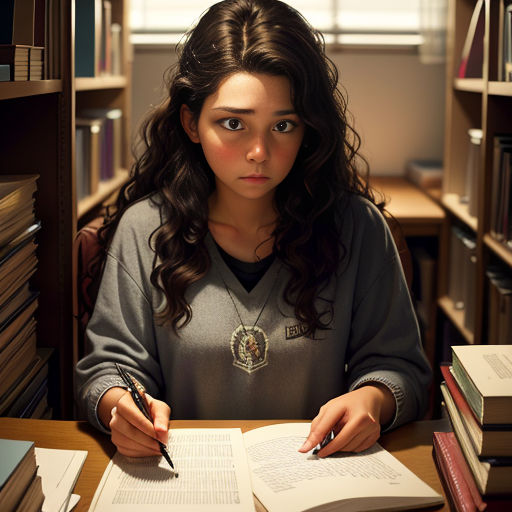 a woman sitting at a desk with a book and pen in her hand and a book in front of her