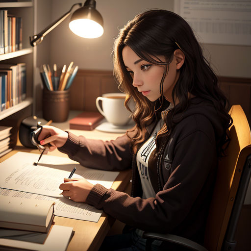a woman sitting at a desk writing on a piece of paper with a pen and a light on the wall