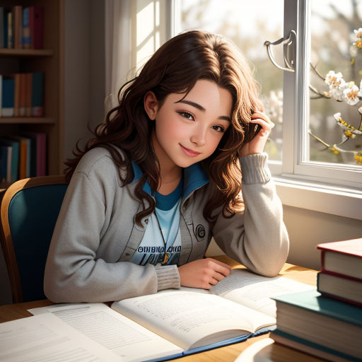 a girl sitting at a table with a book and a book in front of her, reading a book