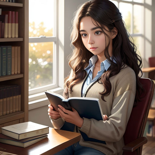a girl sitting in a chair reading a book in front of a window with bookshelves in the background