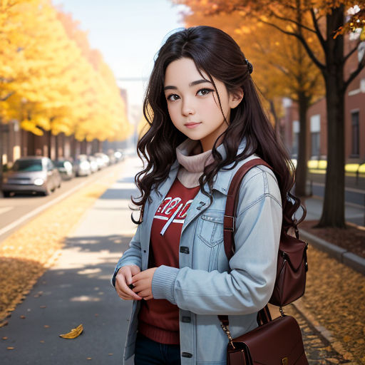 a woman standing on a street with a purse on her shoulder and a handbag on her shoulder,