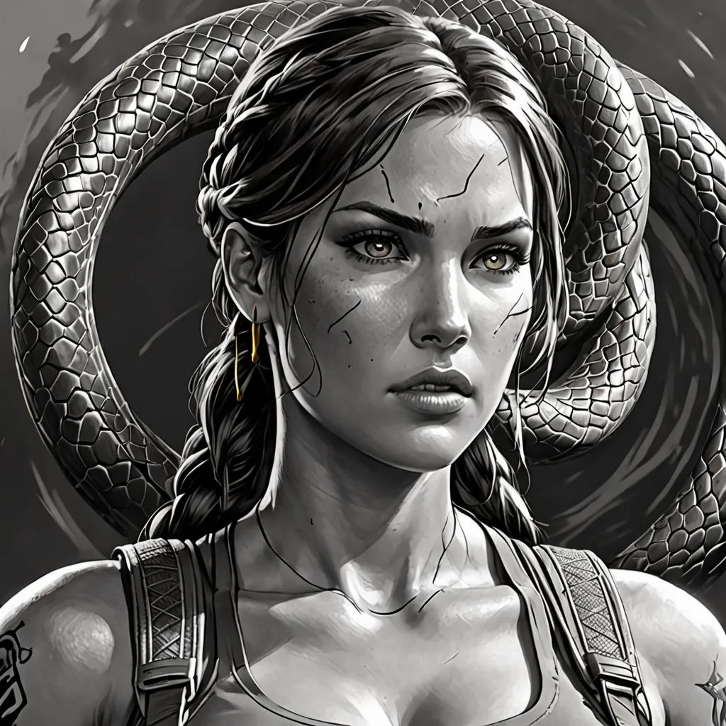 a woman with a snake on her shoulder and a snake on her shoulder, in a black and white drawing, cobra, concept art, Aleksi Briclot, detailed art